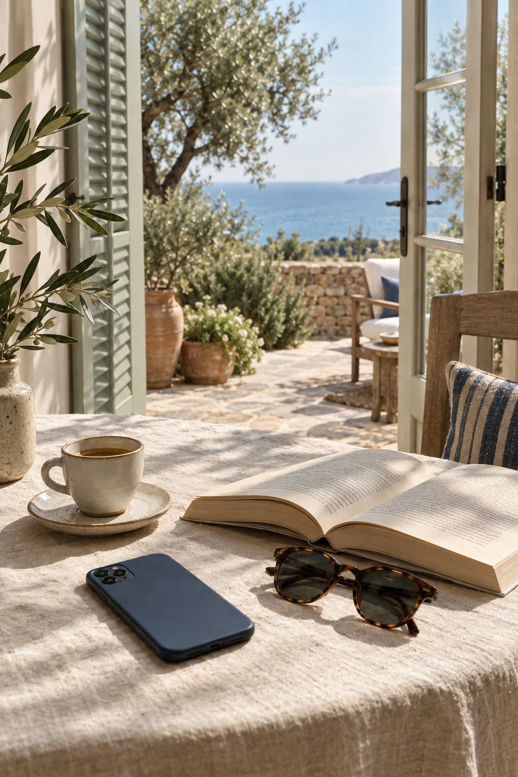 A phone lying face down beside an espresso, a book and sunglasses on a sunlit terrace table