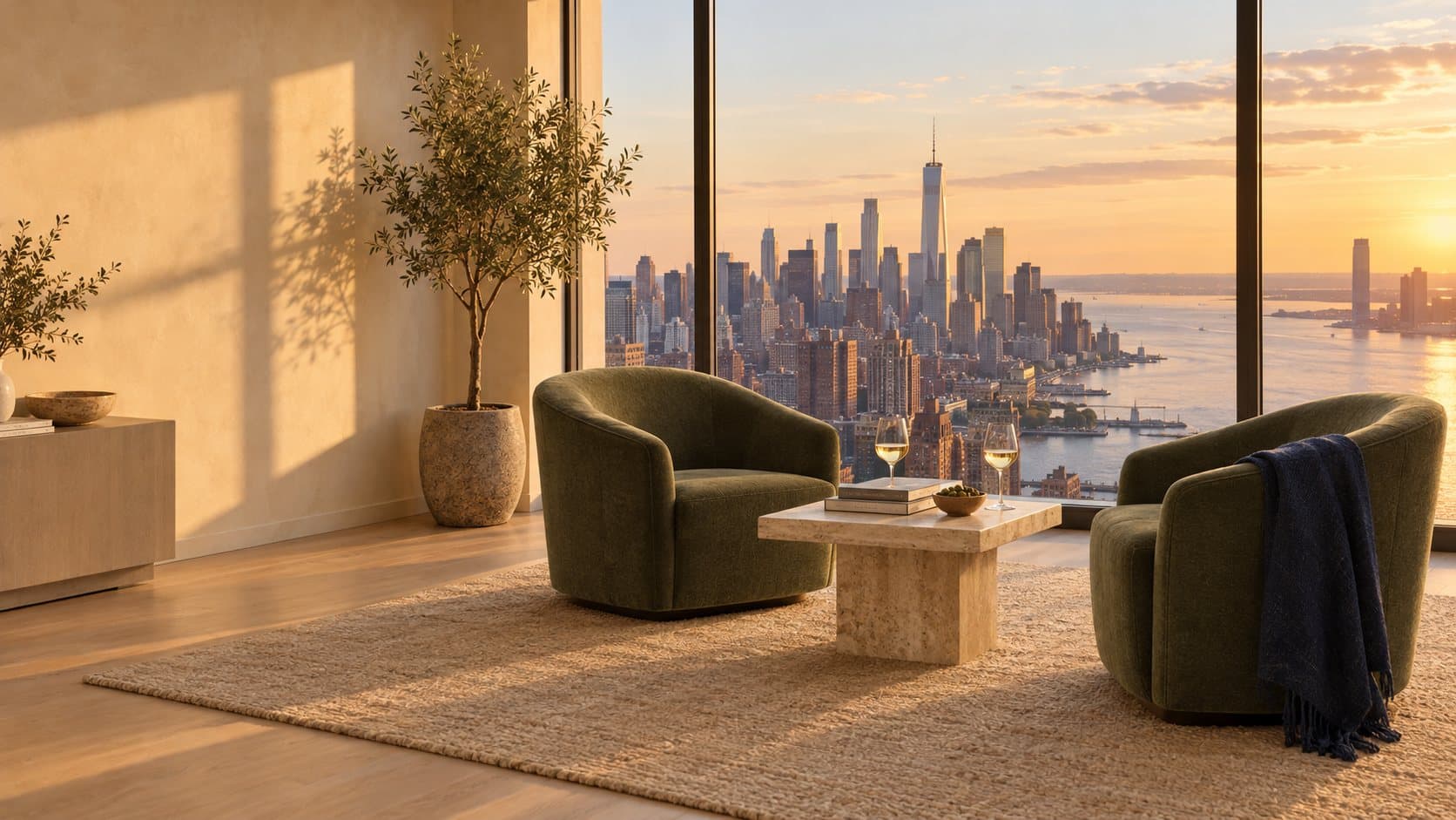 A refined New York penthouse room at golden hour, two sage armchairs angled toward each other with two glasses between them and the Manhattan skyline beyond